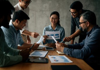 Poster - Business team discussing financial charts and graphs using electronic devices during a productive meeting