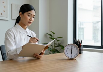 Poster - Young asian businesswoman writing notes in notebook while working at office desk