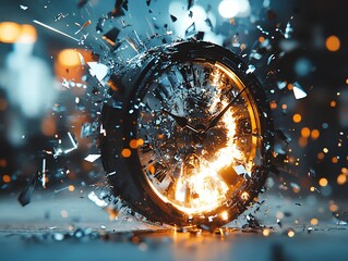 Poster - A clock explodes into pieces, with the center of the clock in flames. The shattered clock pieces fly through the air, creating a sense of chaos and urgency.
