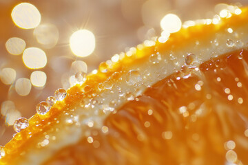 Wall Mural - Close-up of water droplets on fresh orange slice with sunlight