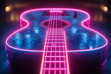 Aufkleber - A close-up of an acoustic guitar with neon pink and blue light.