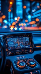 Aufkleber - A close-up shot of a car's navigation system with the city lights blurred in the background.