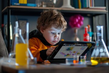 Poster - A young child watches a science experiment on a tablet in a lab setting A child using a tablet to watch a science experiment tutorial