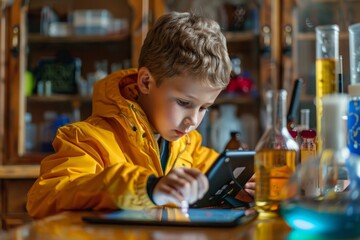 Poster - A young boy is watching a science experiment on a tablet in a home laboratory A child using a tablet to watch a science experiment tutorial