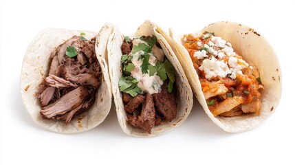 Wall Mural - Delicious taco trio featuring spiced chicken, beef brisket, and pulled pork garnished with fresh cilantro on a clean white background