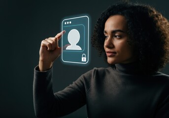 Poster - Businesswoman using futuristic interface managing user profile security, ensuring privacy and protection against unauthorized access