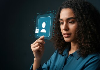 Poster - Businesswoman protecting personal data accessing user profile with secure login, ensuring online safety and privacy in digital environment