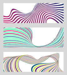 Wavy lines or ribbons. Set of 3 backgrounds. Multicolored striped gradient. Creative unusual background with abstract gradient wave lines to create a trendy banner, poster. vector eps