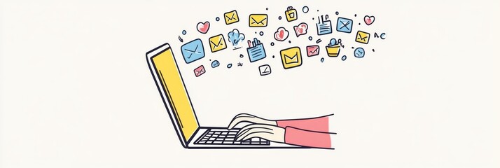 Poster - Hands typing on laptop keyboard with various social media icons and symbols floating above, representing online communication, social networking, and digital marketing activities
