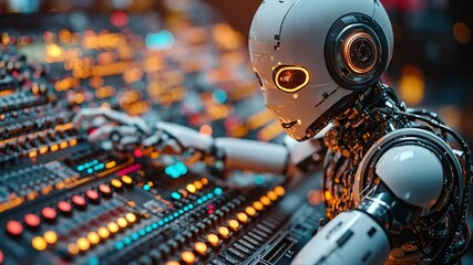 Poster - a humanoid robot interacts with control panels in a futuristic research lab at night