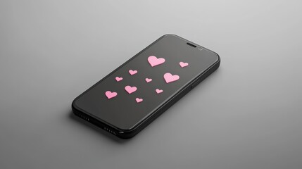 Poster - Pink hearts float gracefully over a smartphone screen, symbolizing online affection and engagement. The elegant design evokes romance in the digital age