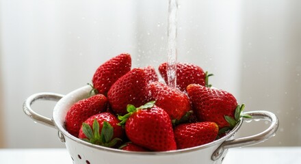 Wall Mural - Fresh strawberries being washed in colander with water splash