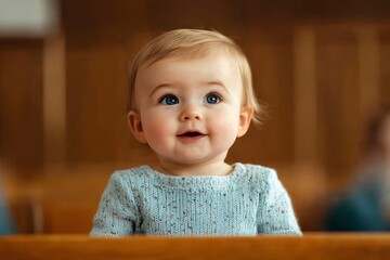 Poster - A curious baby girl with big blue eyes looks up in wonder.