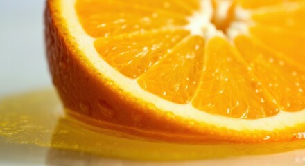 Wall Mural - Fresh orange slice with vibrant juice droplets