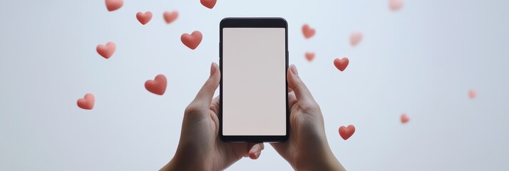 Poster - Hands holding smartphone with blank screen and floating hearts symbolizing social media engagement, likes, and connections