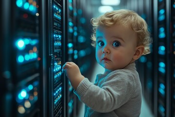 Poster - A curious baby in a server room, looking at the glowing lights.