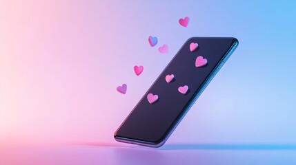 Aufkleber - Pink hearts floating towards a tilted smartphone on a vibrant gradient background, representing online affection, social media engagement, and virtual communication in the digital age
