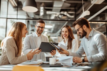 Poster - Participating in a collaborative meeting in a creatively designed office space fosters engaging discussions among colleagues, encouraging innovation and driving success in various projects