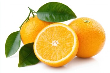 Wall Mural - Fresh whole halved orange with green leaves on white background