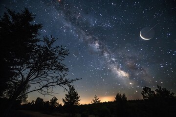 Wall Mural - dark canvas of night sky filled with twinkling stars and a bright crescent moon, ethereal scene, cel