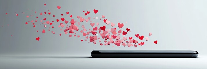 Poster - Many red and pink hearts are coming out of a smartphone placed on a white surface, representing the concept of love and affection on social networks and dating apps