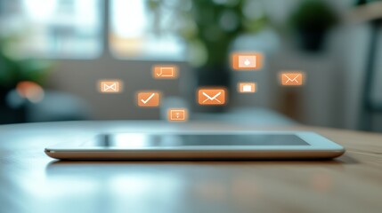 Poster - Orange social media icons floating over white digital tablet lying on desk, suggesting connection and communication in modern business environment