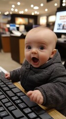 Poster - A cute baby boy is sitting at a computer keyboard in a store with a surprised look on his face.