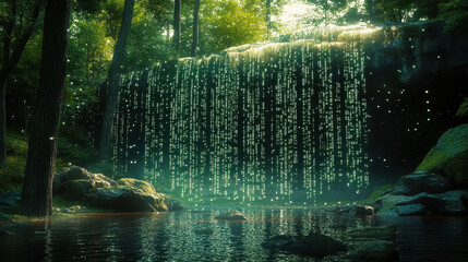 Poster - digital matrix code waterfall in lush forest environment with glowing streams