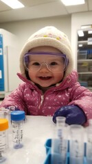 Aufkleber - A cute baby girl wearing safety glasses and a pink coat smiles while sitting at a lab table with test tubes.