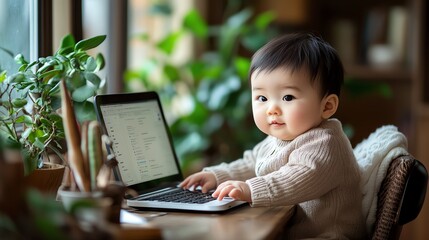 Poster - A cute baby sitting at a desk with a laptop computer.