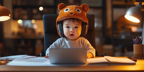 Poster - A cute baby wearing a bear hat and headphones sits at a desk with a laptop, looking at the screen.