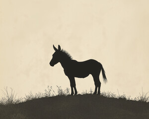 Sticker - Minimalistic Donkey Silhouette on Hill, Grey on Light Brown Natural Setting