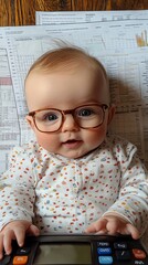 Poster - A cute baby wearing glasses smiles while looking at the camera. The baby is lying on a calculator and financial documents.