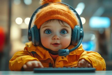 Leinwandbilder - A cute baby with big blue eyes is wearing headphones and a yellow jacket, looking at the camera while sitting in front of a keyboard.