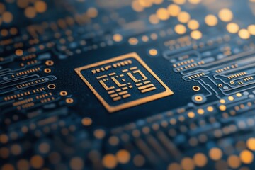 Poster - Close-up view of a microchip on a circuit board with intricate gold patterns and connections