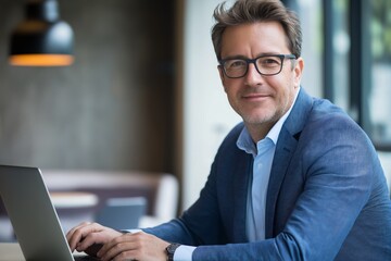 Poster - A professional man is working diligently on his laptop within a modern workspace that promotes productivity and innovation, demonstrating his skills and focus while engaging in business activities