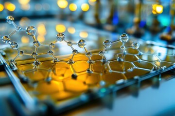 Poster - detailed glass models represent molecular structures, illuminated warmly in a laboratory setting