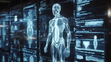 Aufkleber - A digital rendering of a human body displayed on a large screen, surrounded by other similar images.