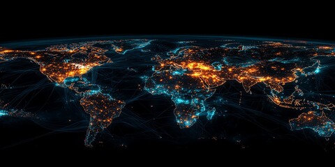 Poster - A digital rendering of the Earth at night with illuminated cities and glowing lines connecting them.