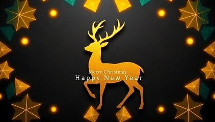 Poster - A low-poly golden deer silhouette against a dark background with glowing geometric patterns, created with generative ai