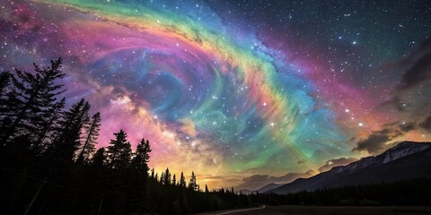 Wall Mural - iridescent rainbow galaxy background with a mesmerizing pattern of swirling shapes and colors, remin