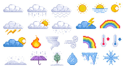 pixel weather icons. cartoon 8 bit game assets of sun rain snow thunderstorm wind and cloudiness. ve