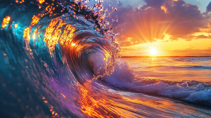 Poster - Vibrant sunset ocean wave creates a picturesque display of nature's beauty