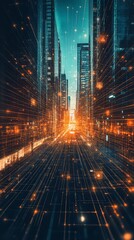 Leinwandbilder - A futuristic cityscape with glowing lines and a digital network connecting the buildings, symbolizing a modern technological urban landscape.