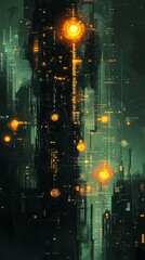 Leinwandbilder - A futuristic cityscape with tall buildings and glowing orbs of light.
