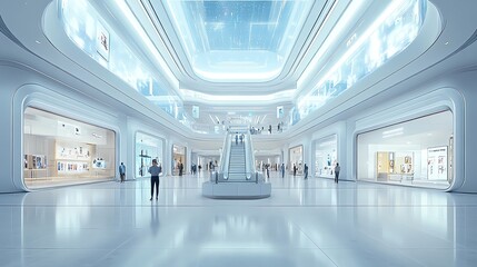 Poster - A futuristic shopping mall interior with an escalator in the center. The mall is spacious and modern, with large windows and a high ceiling. People are walking around and shopping.