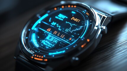 Poster - A futuristic smartwatch with a glowing blue digital display showing various data points.