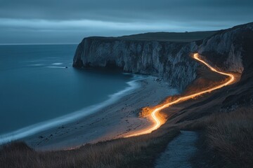 light trails illuminating coastal road at dusk, highlighting scenic landscape
