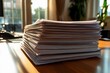 © Віталій Б. - Stacks of documents waiting for organization in a sunlit office setting. Generative AI