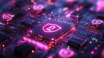 Poster - A glowing security shield icon on a microchip circuit board.